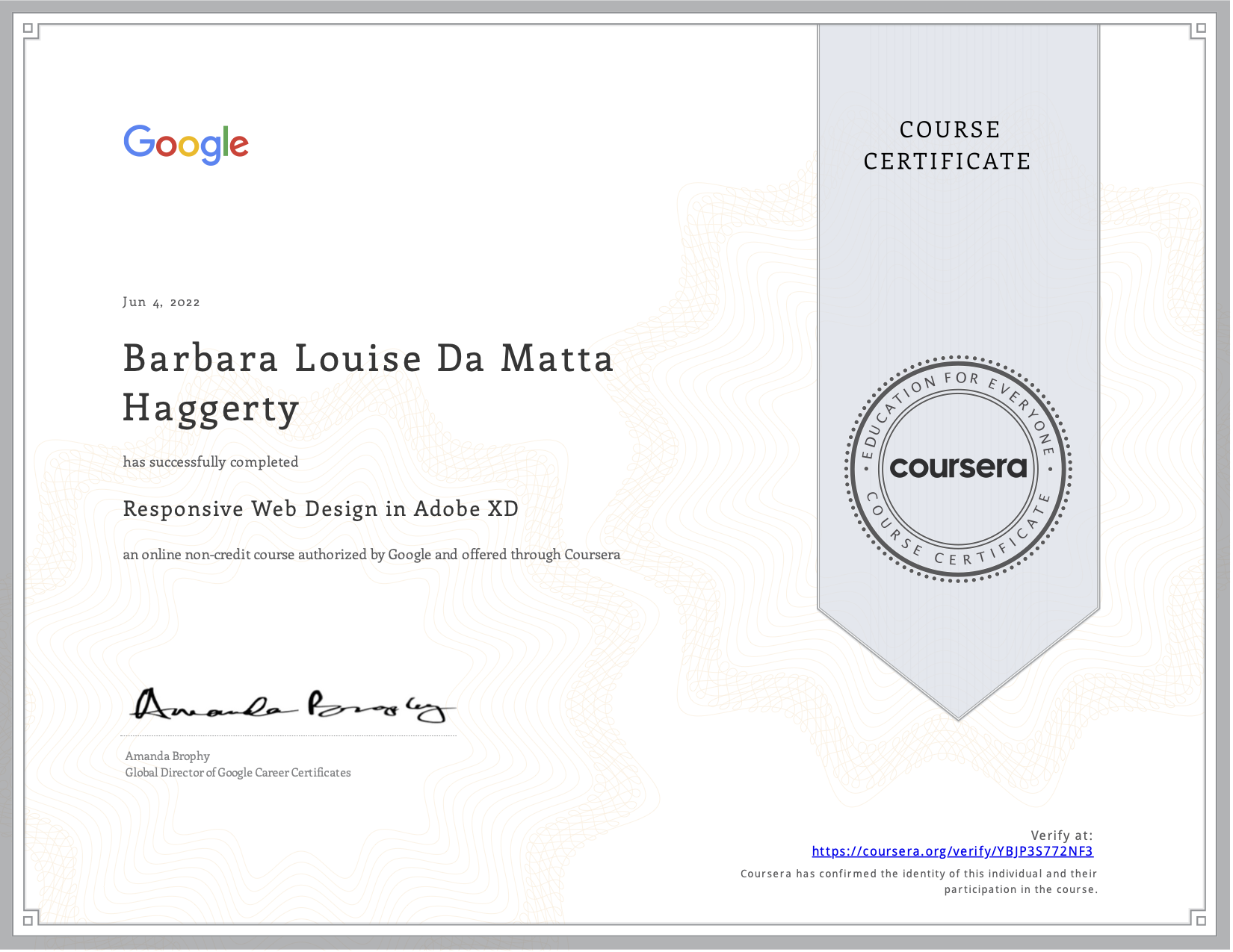 Coursera Certificate Responsive Web Design in Adobe XD